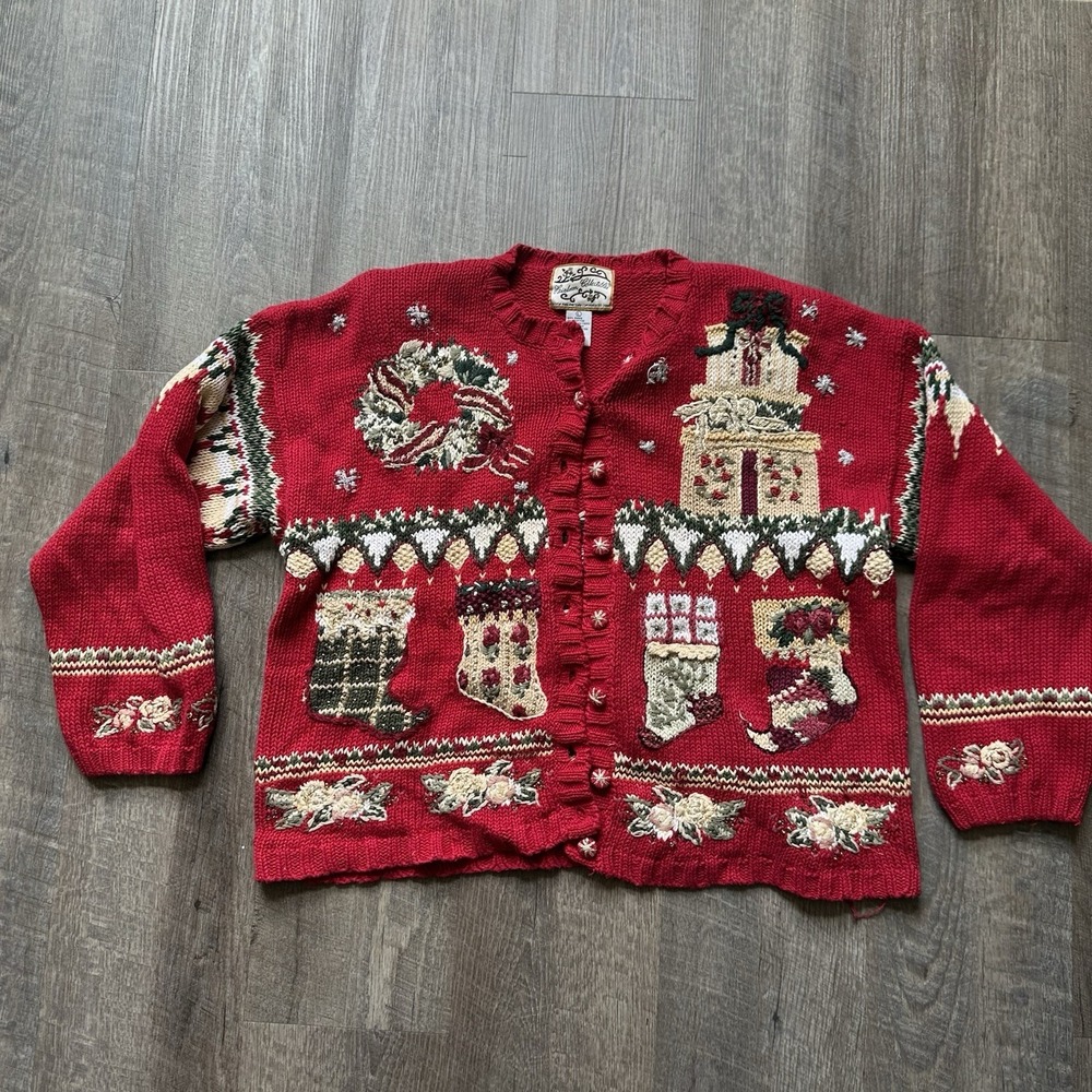 Women's Vintage 00's HEIRLOOM COLLECTIBLES Embellished Christmas Cardigan L Boxy